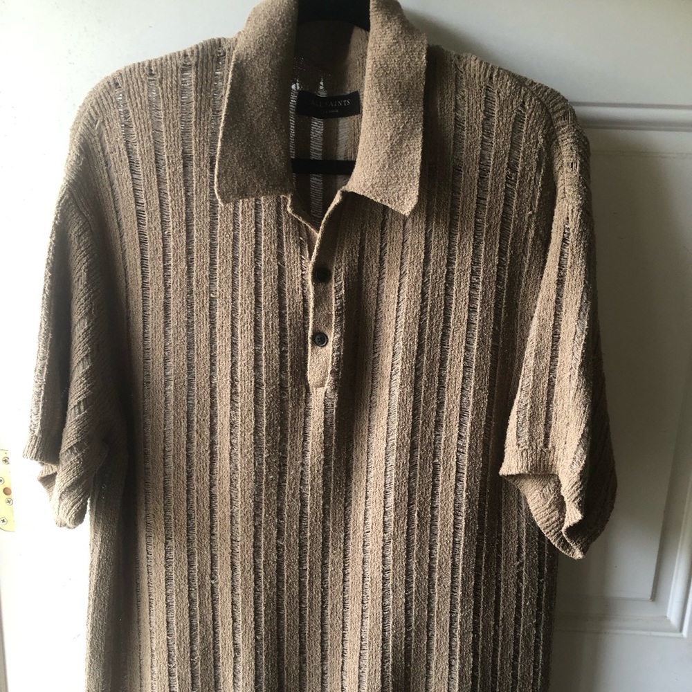 All Saints Miller Rib Mens Polo Sweater XL Tan